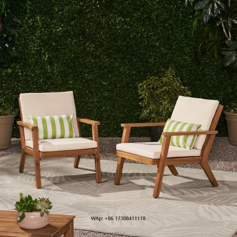 Set of 2 with Cushions Outdoor Acacia Wood Dining Club Chairs Portable Modern