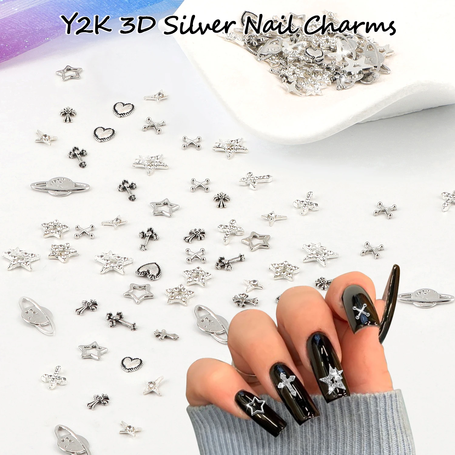 Diamantes para uñas Ebanku, 100 diamantes decorativos para decoración de uñas de plata Y2K, lazo de mariposa, estrella, cruz, palo para uñas, gema acrílica 3D para uñas, diseño DIY (10 estilos)