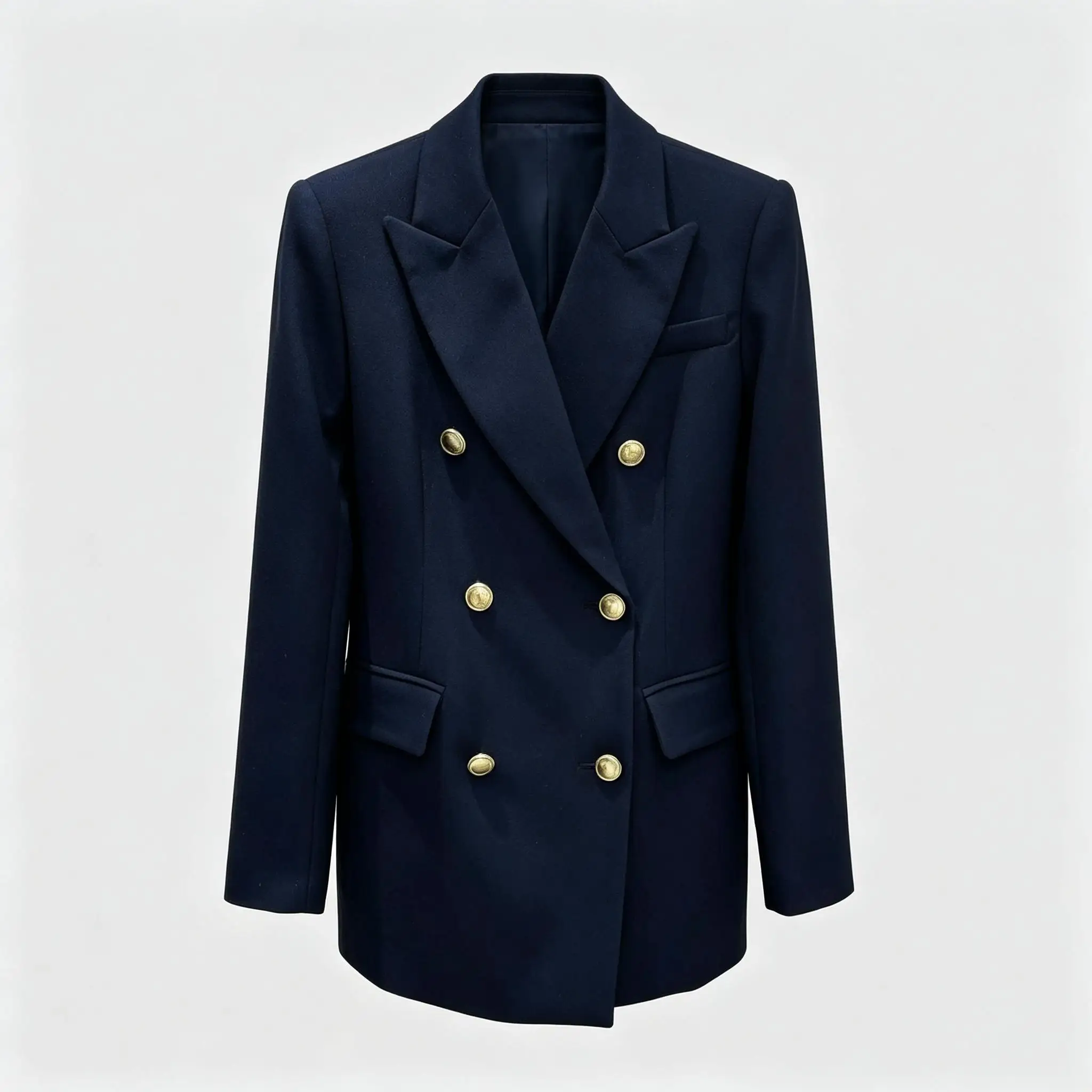 Elegant Navy Blue Double Breasted Blazer Gold Buttons Business Work Coat