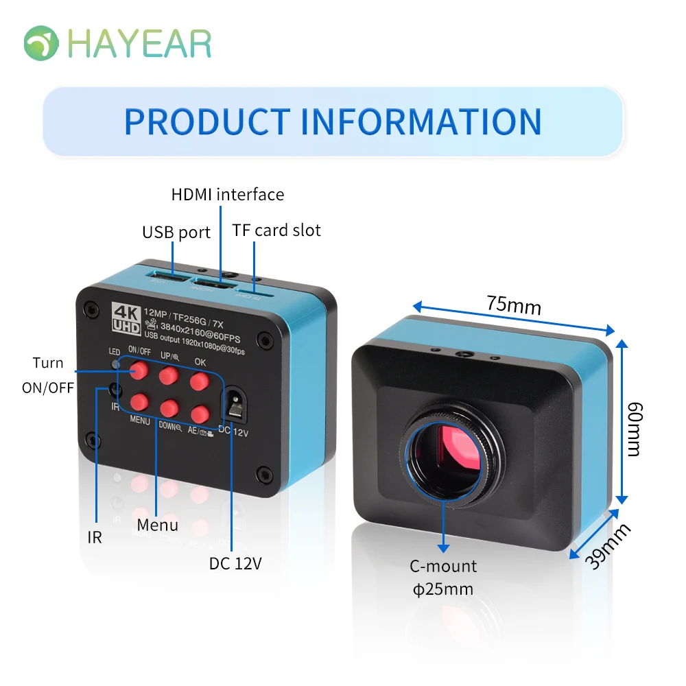 Câmera de microscópio digital HAYEAR 4K C Mount 60FPS HDMI Vídeo eletrônico industrial compatível com Windows/Mac/Linux