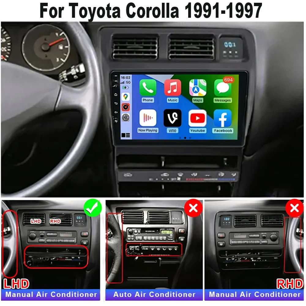 

9-дюймовый автомобильный стерео радиоприемник Android 13 подходит для Carplay GPS WIFI Cam, совместимый с Toyota Corolla LHD 1991-1997 годов с руководством переменного тока