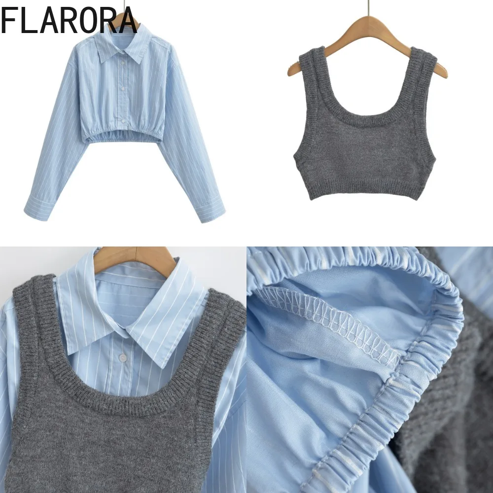 FLARORA Fashion Knit Vest Shirts Women\'s two pieces set woman Turndown Collar Long Sleeve Crop And Bubble Pleated Skirts Outfits