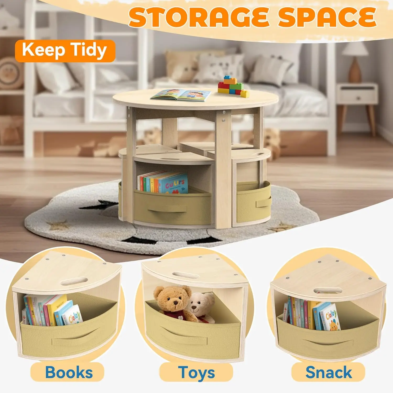 Toddler Table and Chair Set with 3 Storage Stools, Round Shaped Nesting Design, Kids Activity Table for Play/Art/Reading/Craft