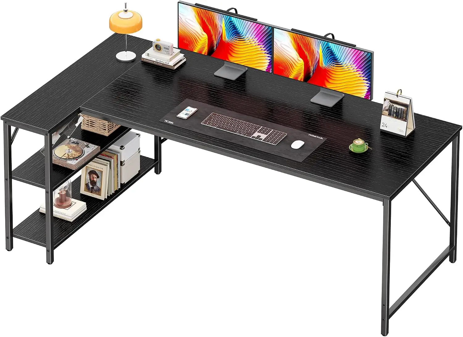 L Shaped Desk, 63 Inches Computer Desk with Reversible Storage Shelves, Gaming Corner Home Office Writing Study, Metal Frame, Bl