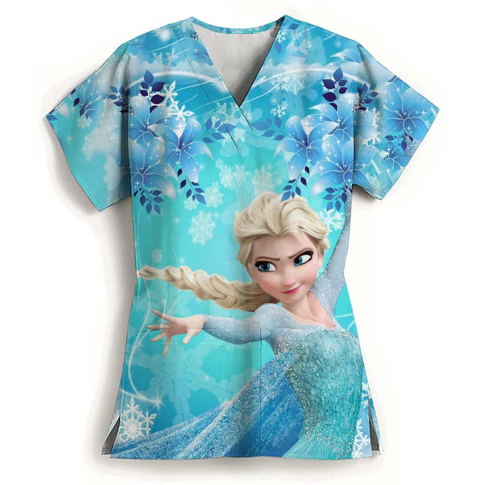 Disney Princess Pocket Women's V Neck Nurse Uniform T-Shirt Summer Short Sleeve 2024 Y2k New Dress Kawaii Woman Clothing S-3XL