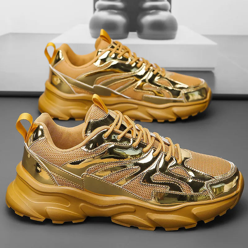 2024 Bright Gold Sneakers For Men Breathable Anti Slip Men’s Sports Shoes Comfortable Light Platform Sneakers Men zapatos hombre