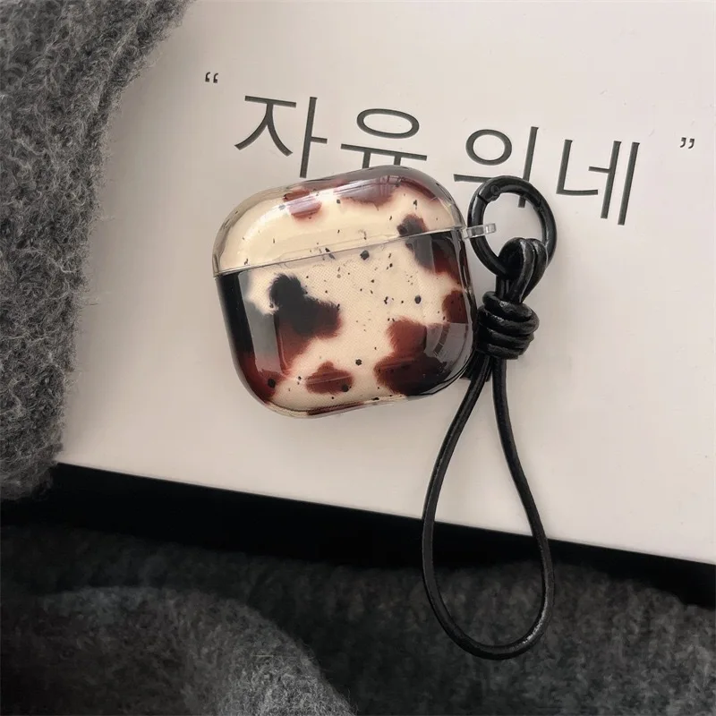Retro Brown Leopard Print Black Splash Ink Transparent Earphone Case with Leather Rope Cover for AirPods 1 2 3 4 5 Pro 2 Pro 3