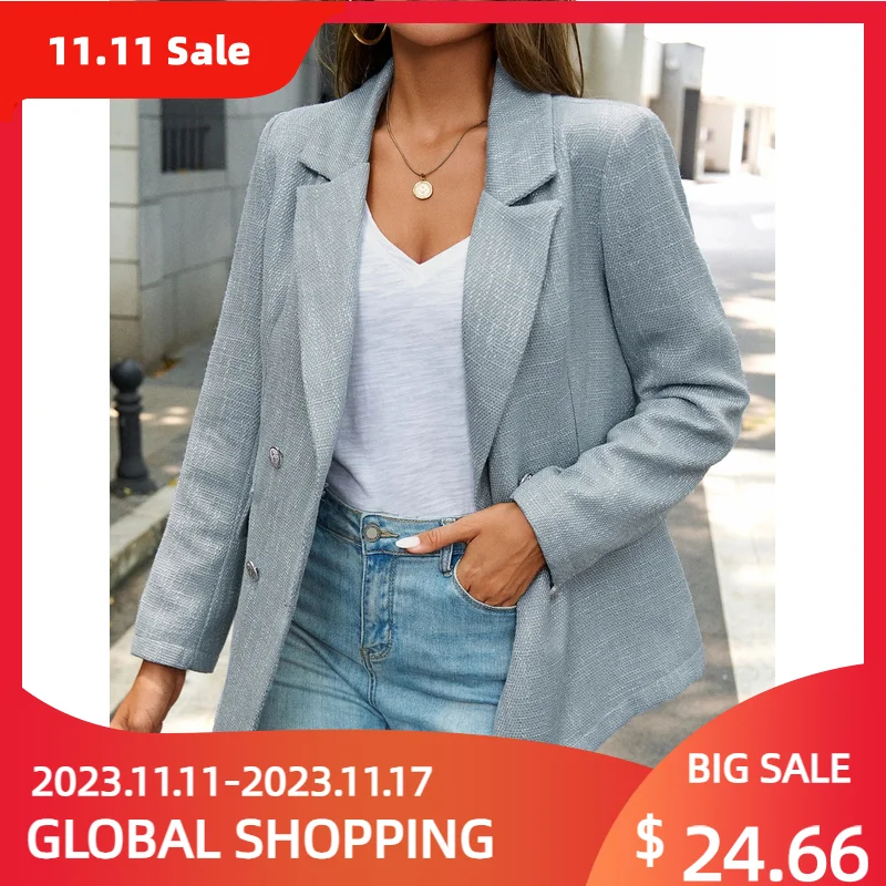 

Women's Jacket Soild Blue Color Suit Autumn And Winter New Coat Casual Double Buckle Outwear Ladies Temperament Female Jacket