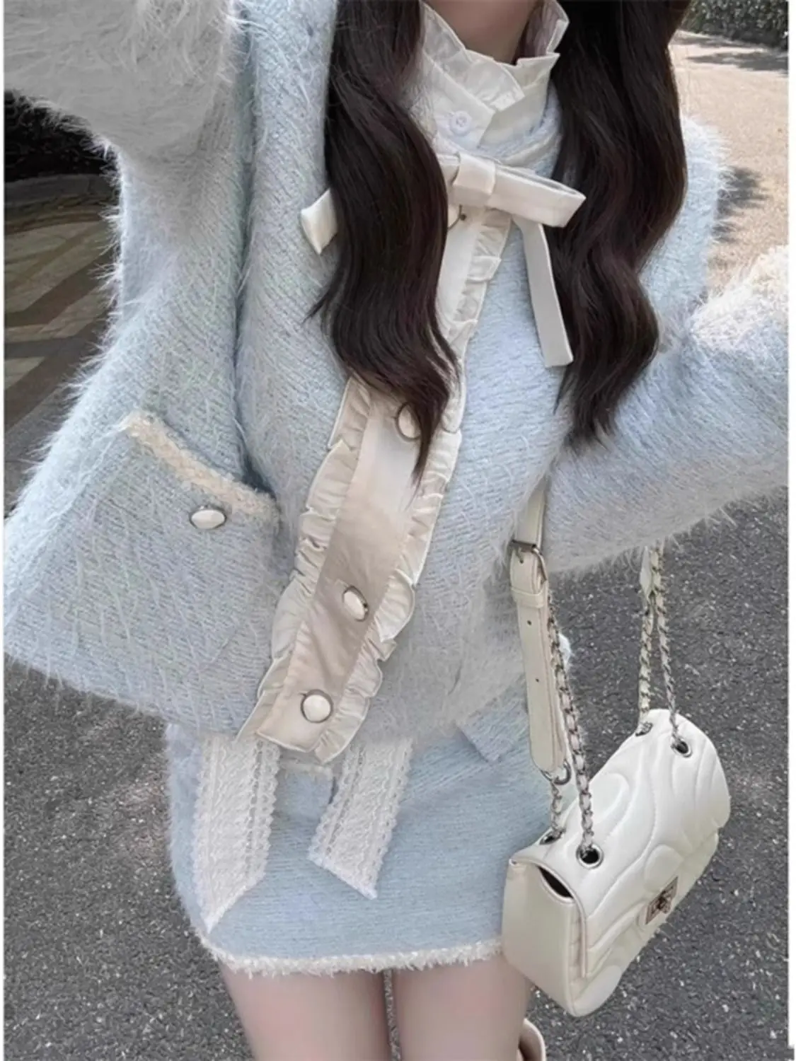 طقم نسائي كوري بتصميم فرنسي أنيق مكون من قطعتين أنيق للتنحيف الحلو الأزرق الدافئ طقم ملابس مكتب للسيدات ملابس الحفلات النسائية