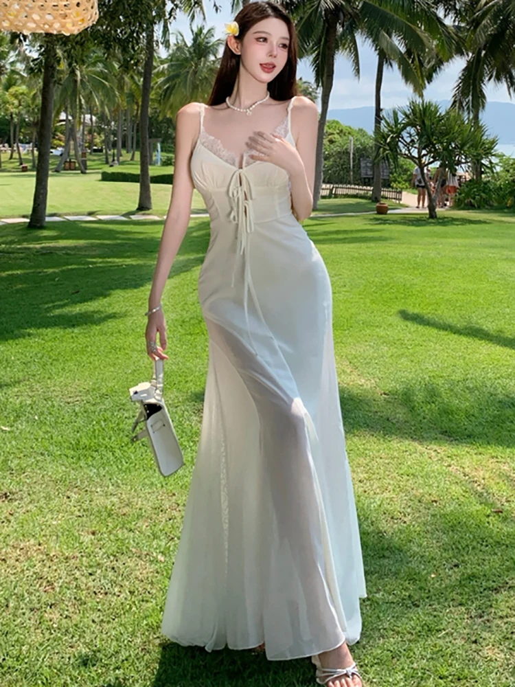 Women Korean Elegant Casual Holiday Dress Summer White Chic Bow Lace Sqaure Collar Sling Dress 2025 New Fashion Bodycon Dresses