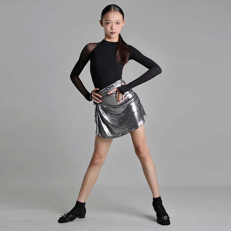 2025 roupa de dança latina meninas roupas de desempenho aberto volta manga longa collant saia prata rumba cha cha treinamento wear 2280