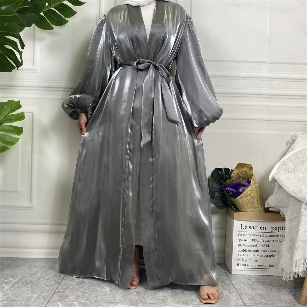 Eid Ramadan femmes musulmanes brillant Satin ouvert Abaya manches bouffantes ceinture Kimono islamique Jalabiya Maxi Robe Robe Cardigan robes