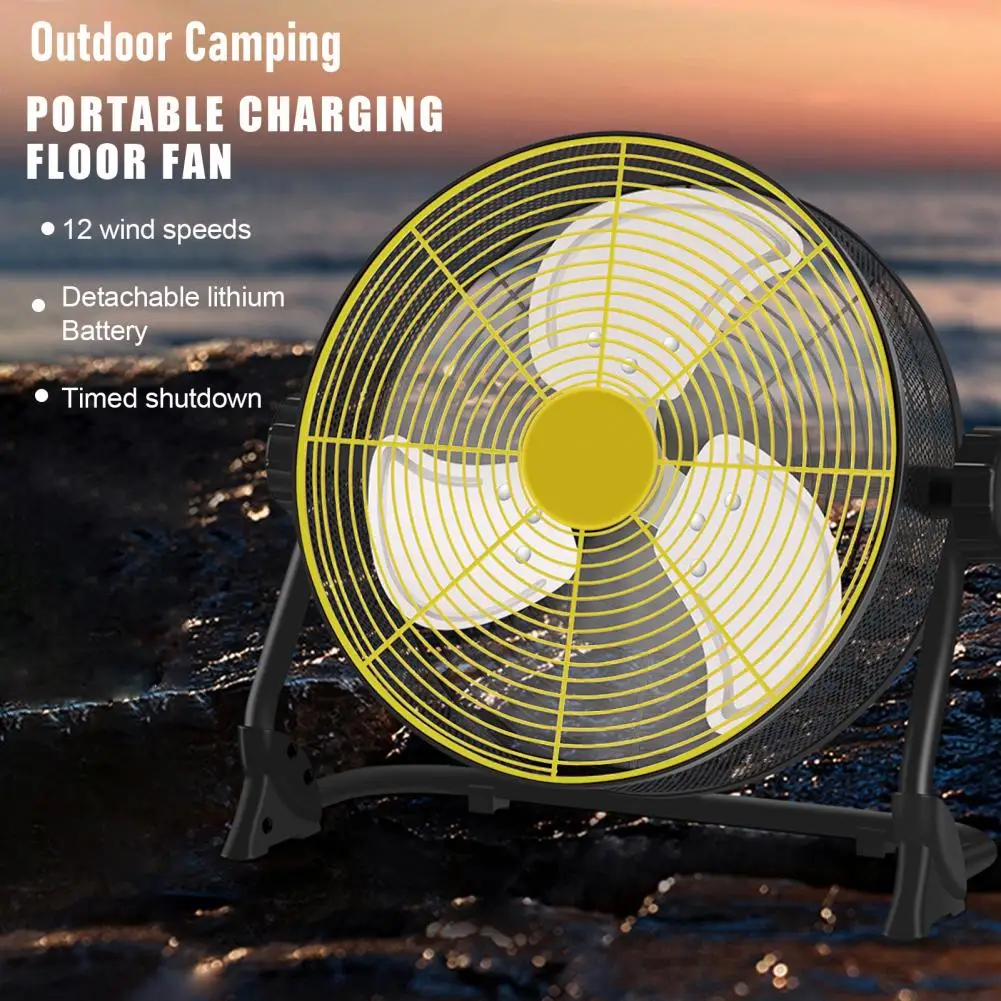 12 Inch Battery Operated Floor Fan, Portable Cordless Metal Blade High Velocity Outdoor Fan, Industrial Style Charging Floor Fan