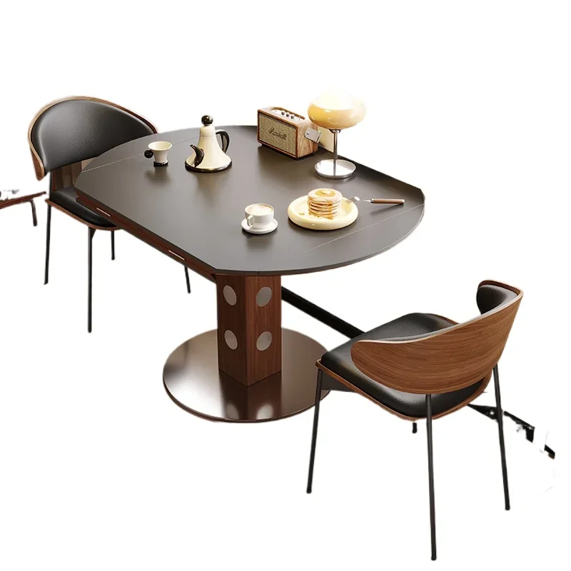 

Pure black rock slab dining table, retractable medium and antique folding round table, small household retro