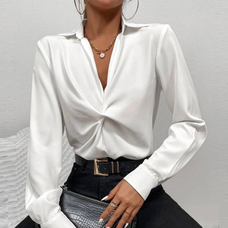 2023 New Autumn Lapel White Shirt Women Elegant Commuting Tops Fashion Casual V Neck Sexy Long Sleeve Blouses Blusas Top