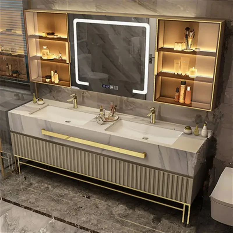 

Luxury Bathroom Cabinet Slate with Smart Mirror Ceramic Double Washbasin Bathroom Vanity Cabinets Under Sink Bathroom Furniture