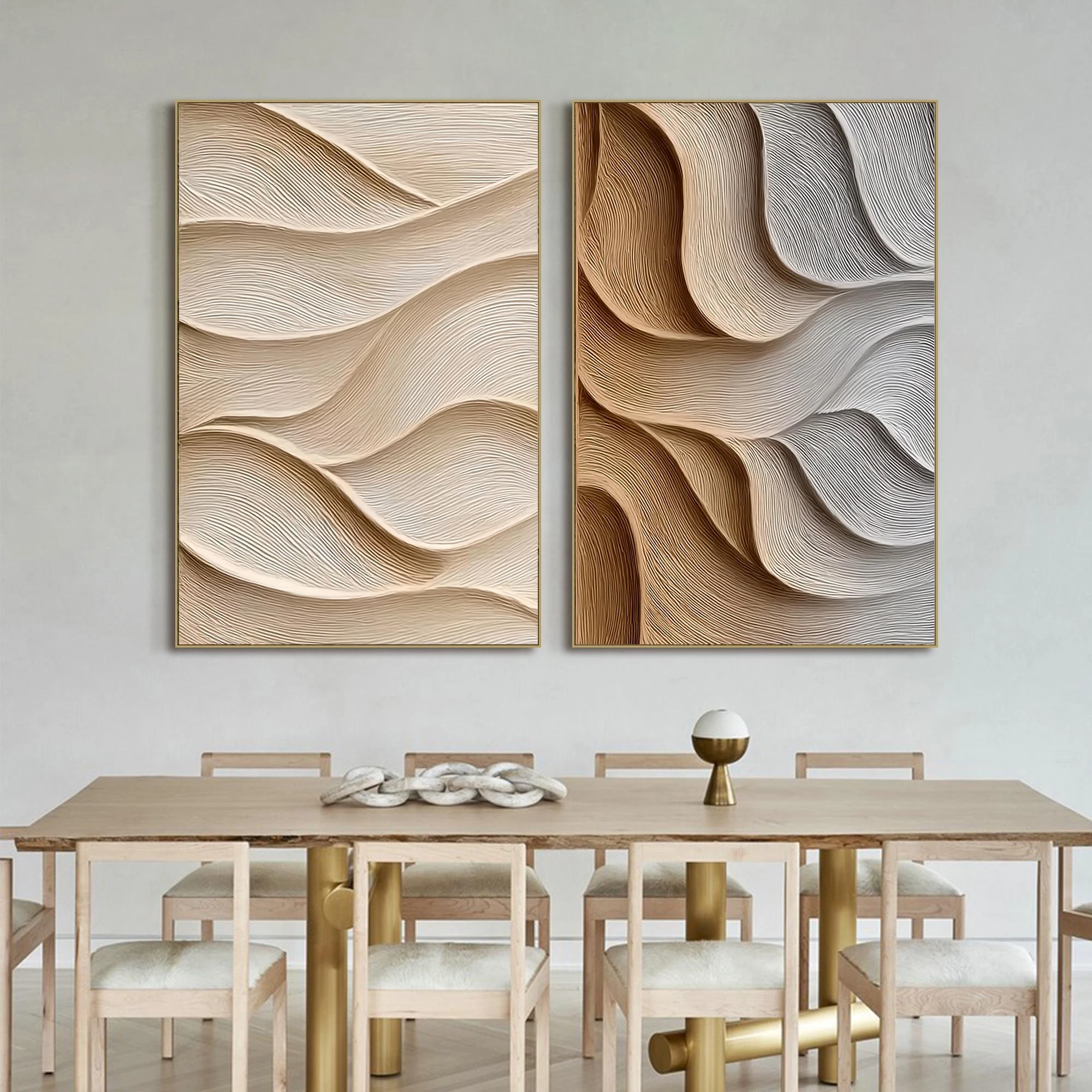 Cream Beige Heavy Texture Wall Print Bundle Relief Neutral Sage Green Brown Curved Wave Abstract Canvas Poster Set Home Decor