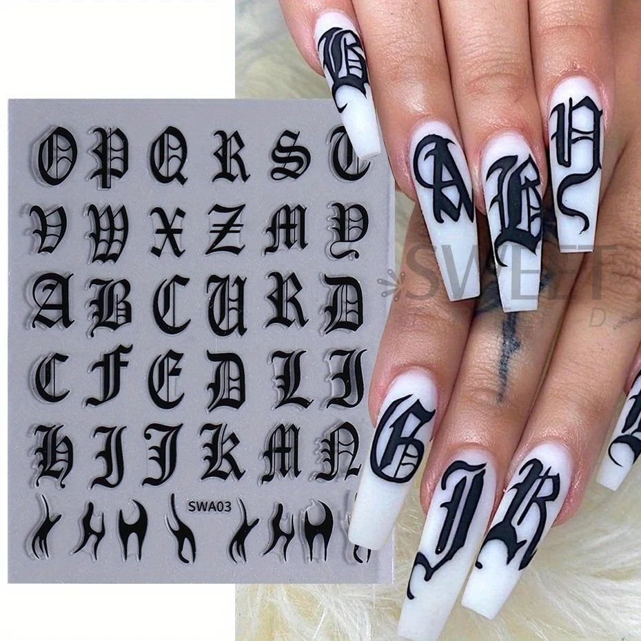 Pegatina para uñas con letras góticas, deslizador adhesivo del alfabeto inglés, diseño moderno, inscripción Y2K, punta decorativa para manicura, color blanco y negro, 2 uds.