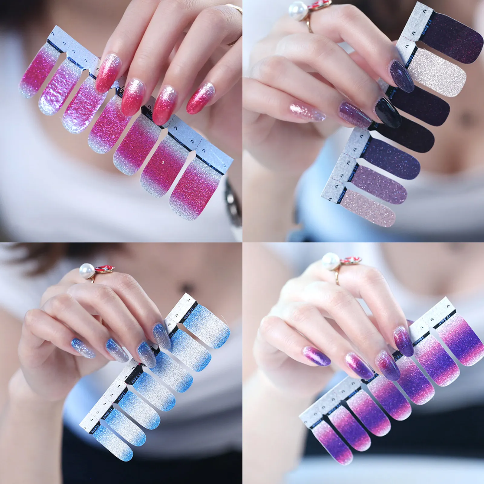 14Pcs Nail Stickers Gradient Color Glitter Powder Fashion Nail Art Decals for Party Birthday Holiday Decoration