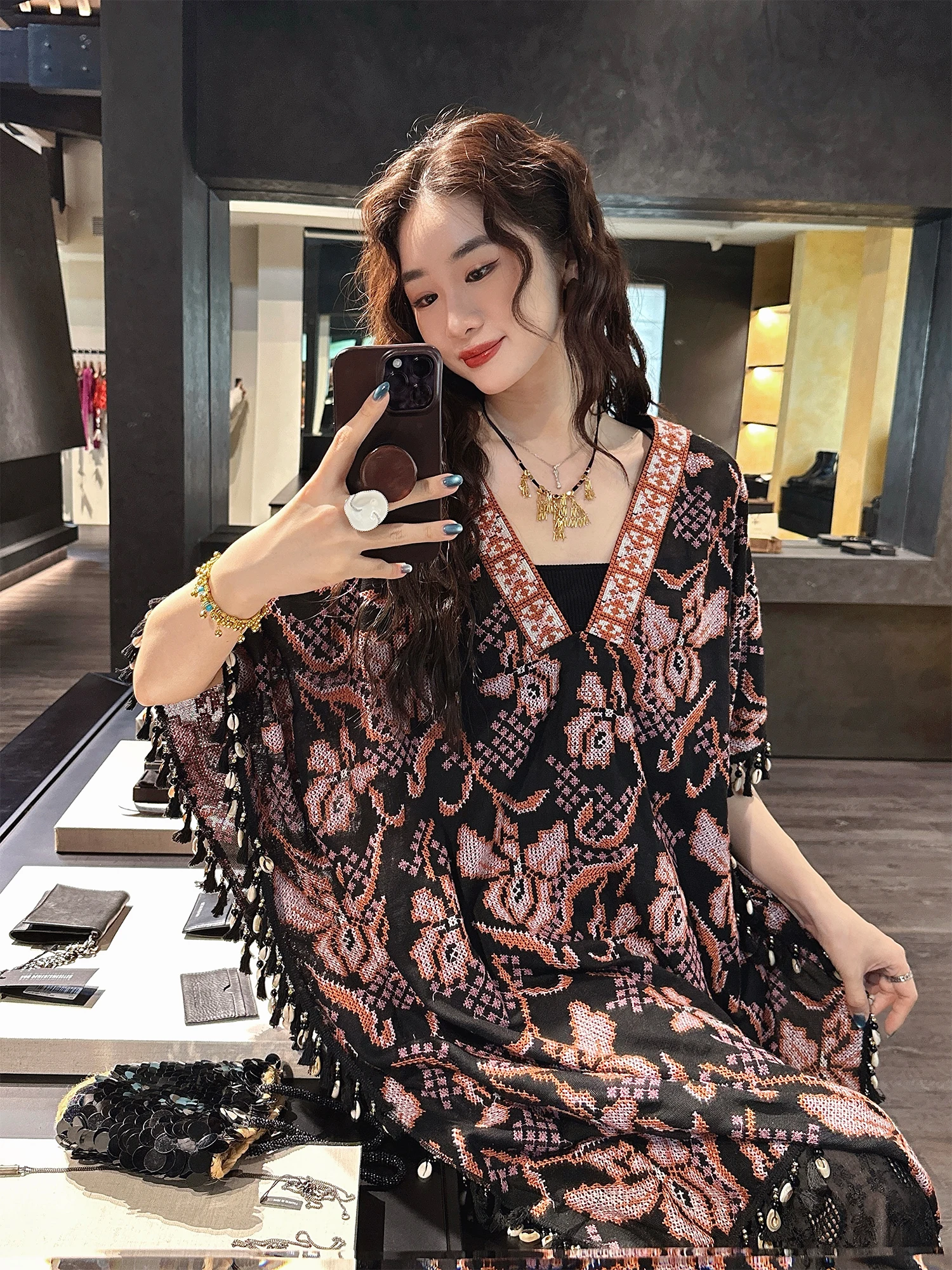 

Sanji Bla Flower Tassel Trim High Densi Embroidery Women's irt Unique Beautiful Cotton Knitted Top Commute Sle Loose Fit