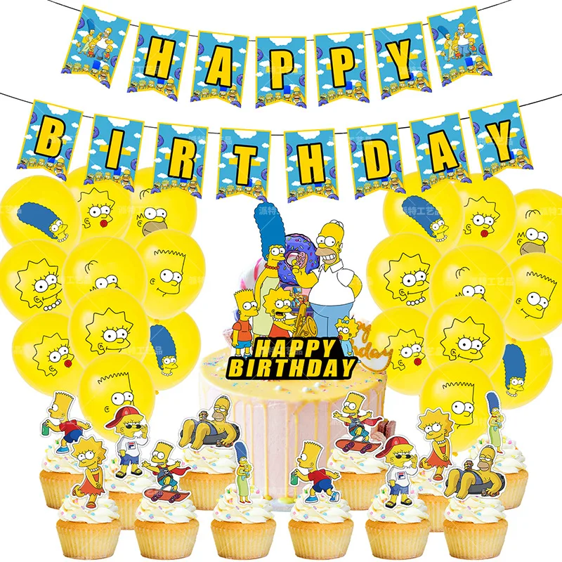 

The Simpsons Theme Birthday Decorations Children Pull Flag Cake Flower Arrangement Balloon Scene Arrangement Props Decorations