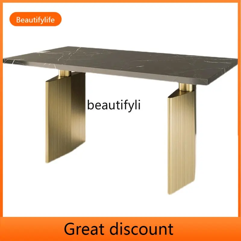 

Light Luxury Natural Marble Dining-Table Modern Household Stainless Steel Rectangular Dining Table