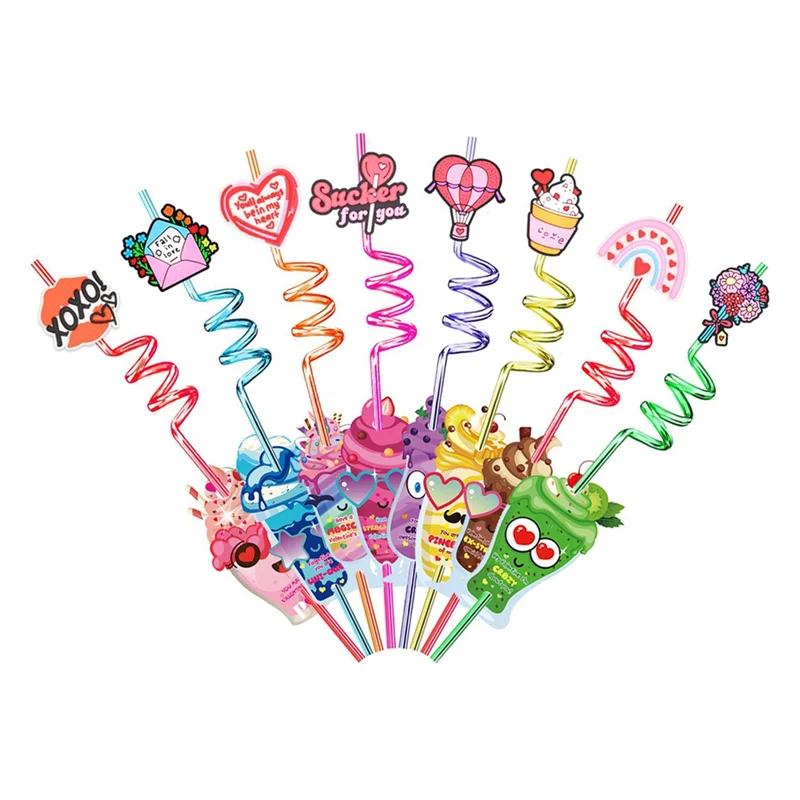 

SEWS-Straws For Children's Valentine's Cards, With Heart-Shaped Bags And Stickers, Are Used For Classroom Exchange.