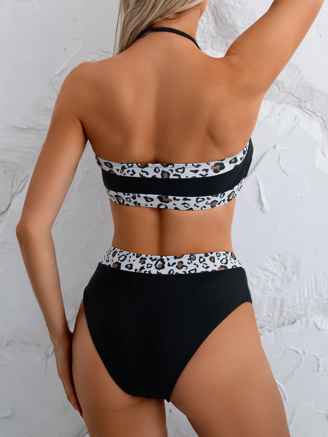 Women's Sexy Black High Cut Bikini Set Off Shoulder Halter Deep V Plunging Neckline & Backless Sheer Mesh Hollow Out Push Up Set