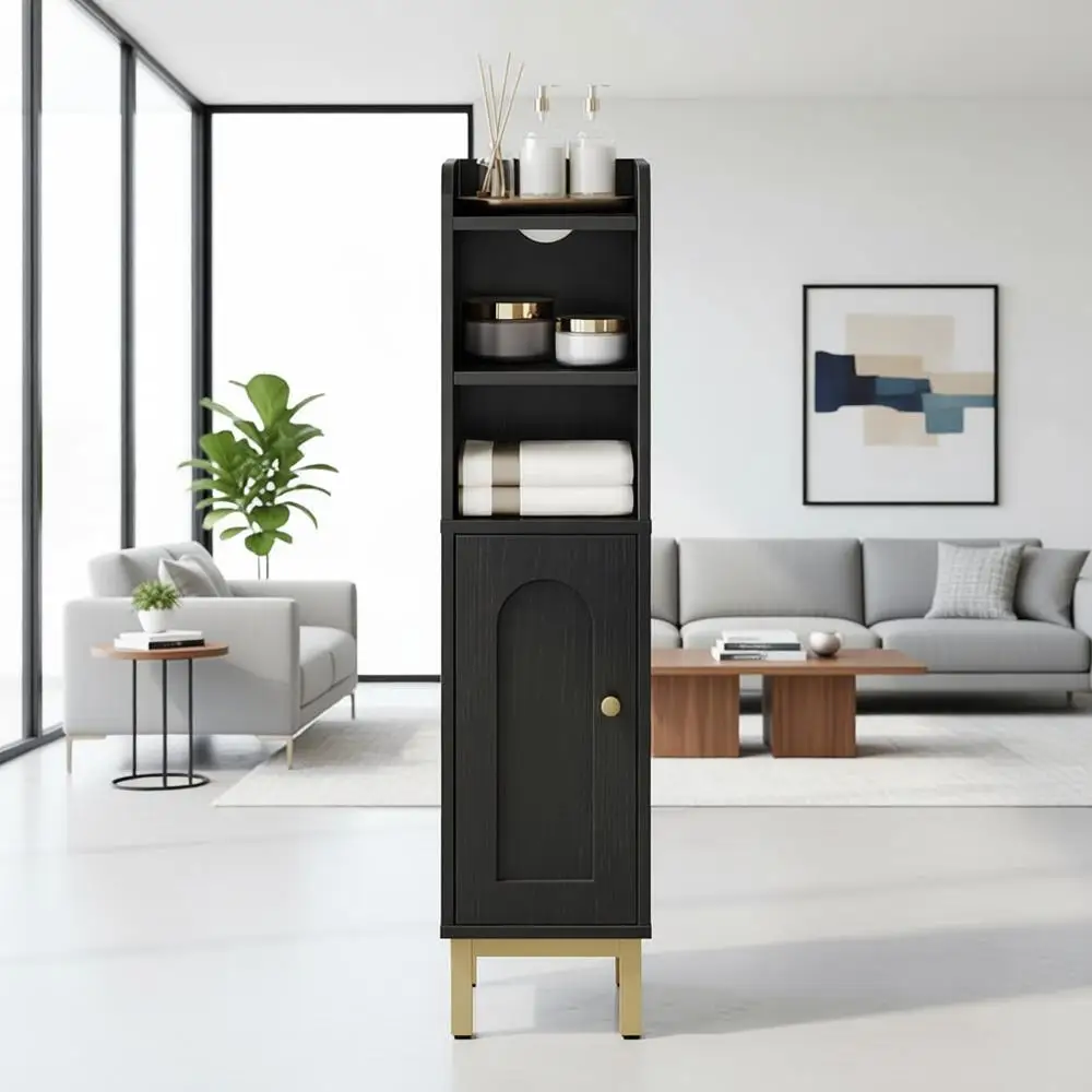 

Компактный шкаф для хранения в ванной с дверцей и регулируемыми полками для небольших помещений, черный