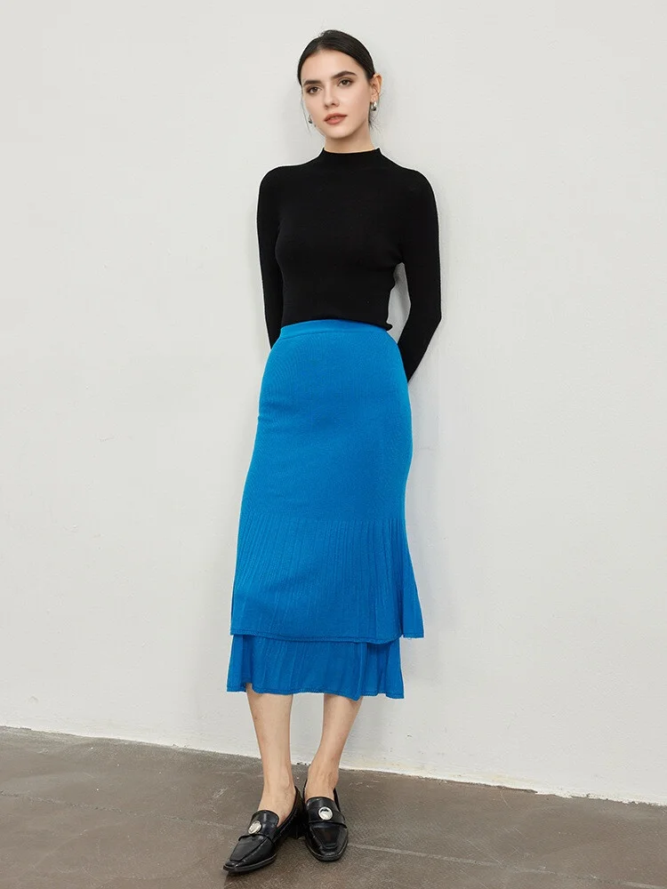 SuyaDream, Women Long Skirt, 32.4%Sheep Wool, Solid Woolen Knitted Skirts, 2025 Autumn Winter Warm Under Dress, Blue, Wine