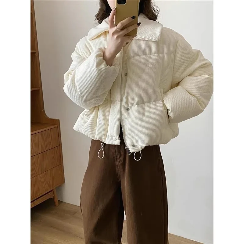 Korean Style Women's Corduroy Puffer Jacket, Short Quilted Cotton Coat for Autumn Winter 2026, Thick Padded Oversized Clothing