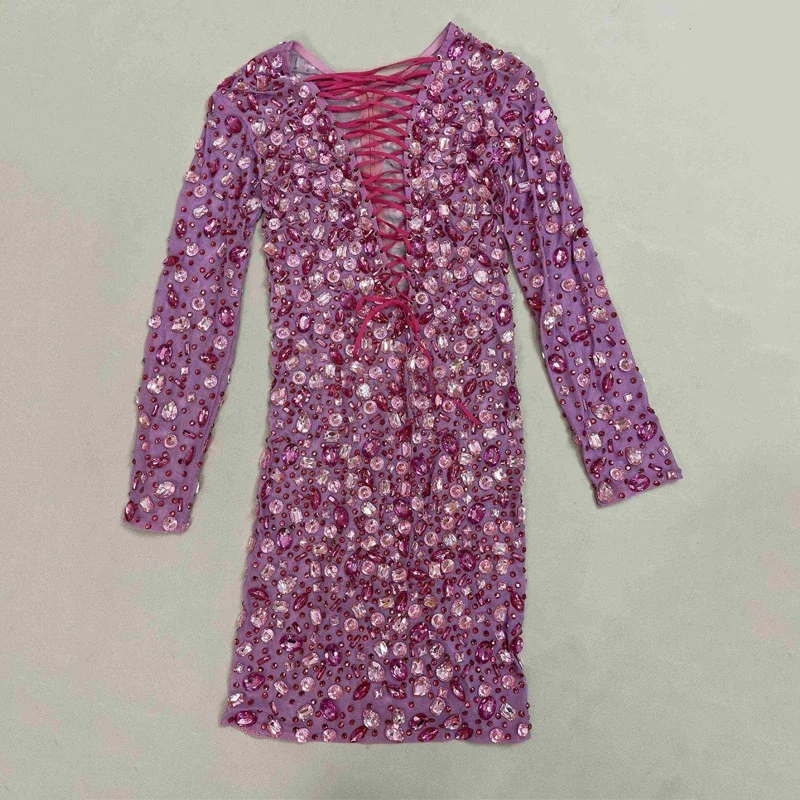 Ropa de baile de Jazz para mujer, vestido de fiesta con diamantes de imitación rosas, traje de noche Sexy con escote en V profundo, disfraz de Festival Dj Ds para club nocturno