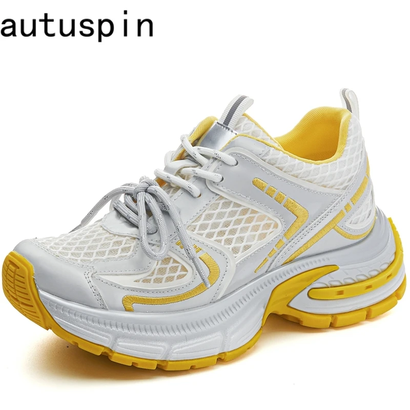 

AUTUSPIN Summer Thick Bottom Women's Shoes Outdoor Fashion Leather Ladies Vulcanized Sneakers Breathable Mesh Shoes Comfortable