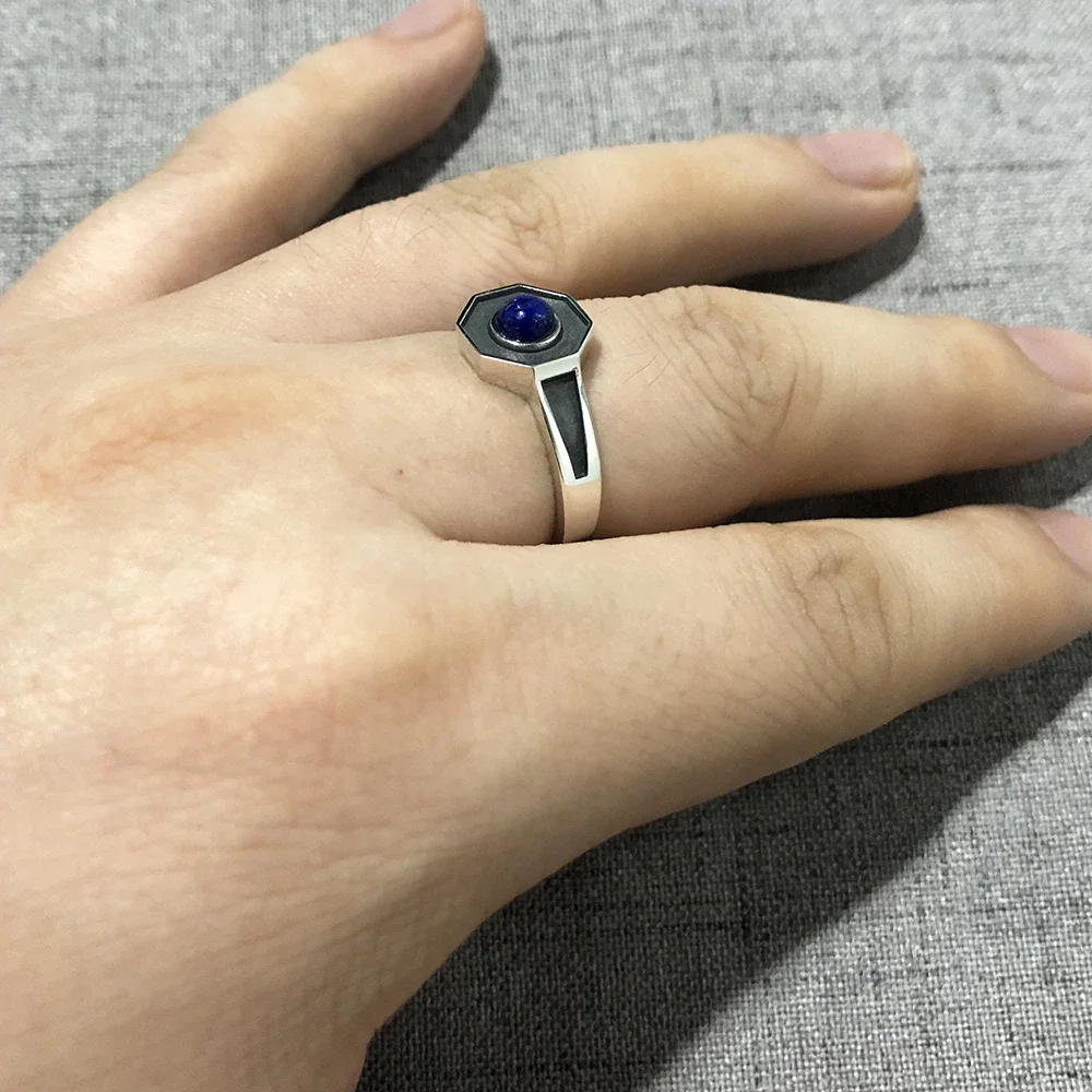 Original Design 925 Sterling Silver Rings For Men and women With Natural Lapis Lazuli Stone Hexagon Shaped Elegant Jewelry Ring