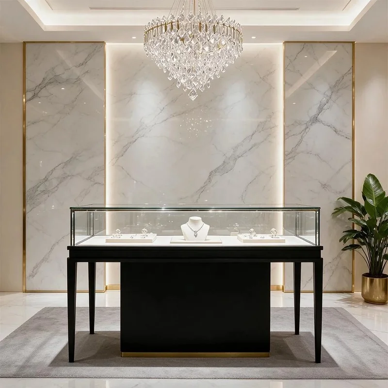 custom.Luxury Jewelry Pedestal Display Tower Tempered Glass Showcase Gold Trim Black Matte Floor Standing Boutique Retail Store