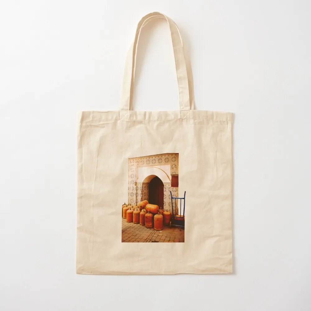  butane cylinders and a portal with tiles in Marrakech Tote Bag reusable shopping bag tote bags cloth bags Canvas Tote Bag