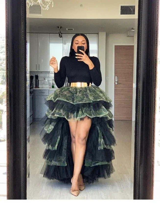 أزياء كامو الأسود توتو تنورة المرأة عالية منخفضة تكدرت مرونة الخصر تول تنورة غير متناظرة منتفخ تنورة طويلة #3