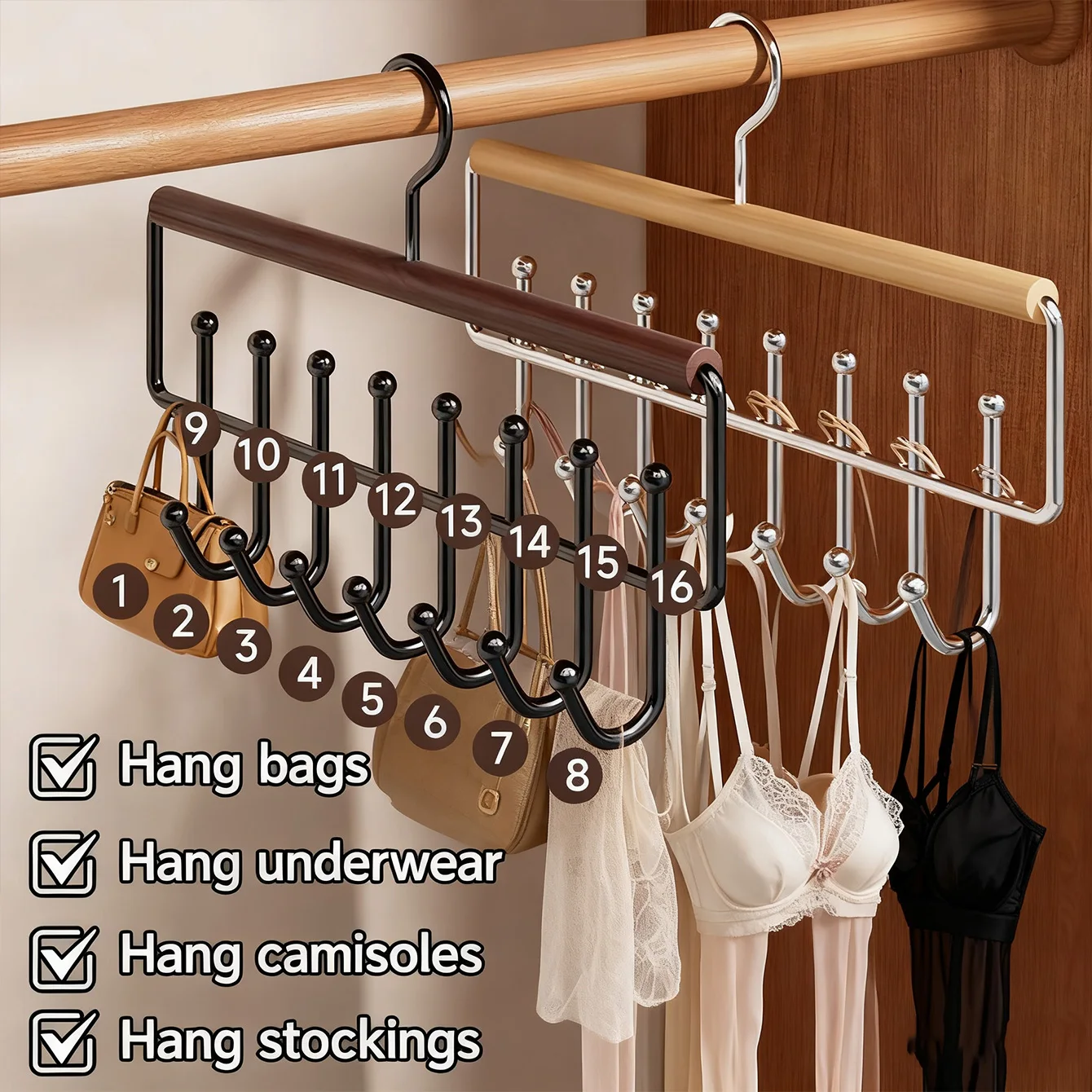 1/2 Multi-Functional Wooden Coat and Hat Hanger, Wardrobe Underwear and Bra Storage Rack, Includes 8 Hooks, Suitable for Storing Camisoles, Hats, Backpacks, Belts, and Scarves