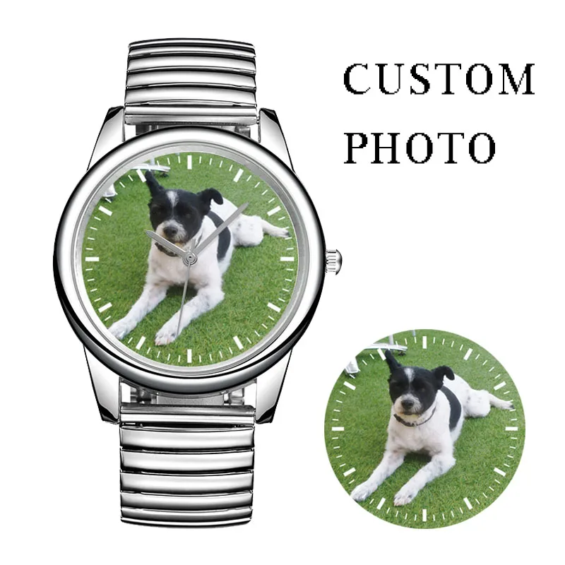 Custom Logo Dial Print Photo Elastic Stainless Steel Strap Watch with Japan Movement