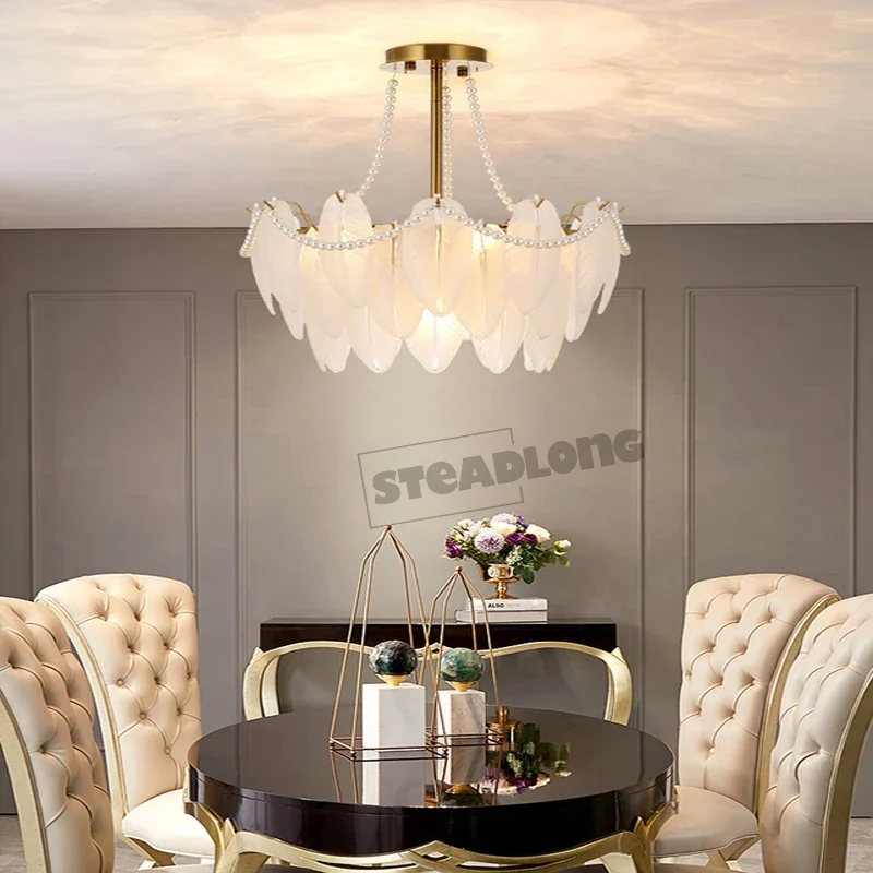 Modern LED Pearl Feather Glass Celling Chandeliers Living Dinging Room Pendant Lamp Home Decor Lustre Hanging Light Fixture