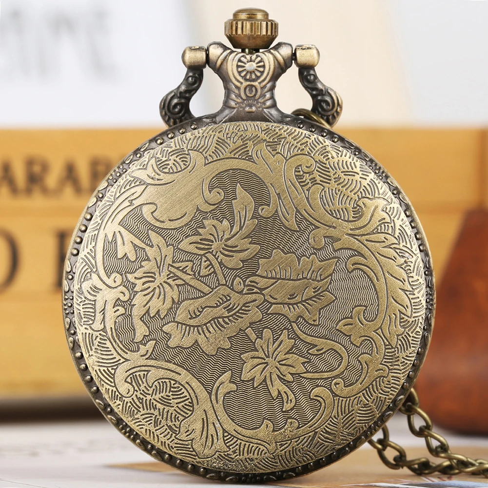 Retro Bronze Leaf Design Analog Quartz Necklace Pocket Watch Antique Gifts for Men Women