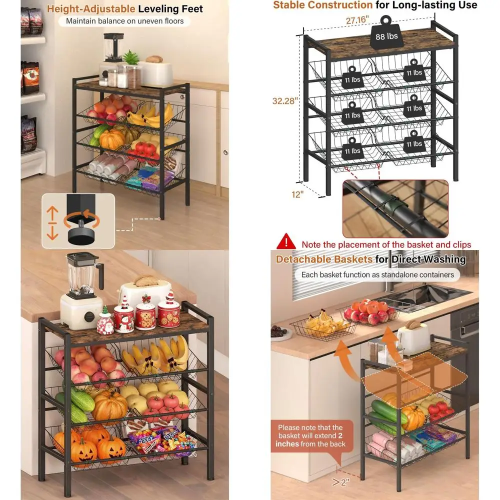 

4-ярусная кухонная полка для хранения фруктов и овощей, напольный органайзер для закусок с деревянной столешницей, многофункциональные черные стеллажи