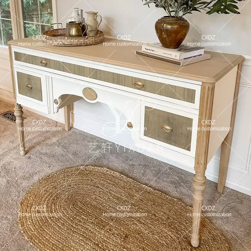 Milk White and Log Color Matching Desk with Brass Handle Retro Style Gentle Atmosphere for Home Office