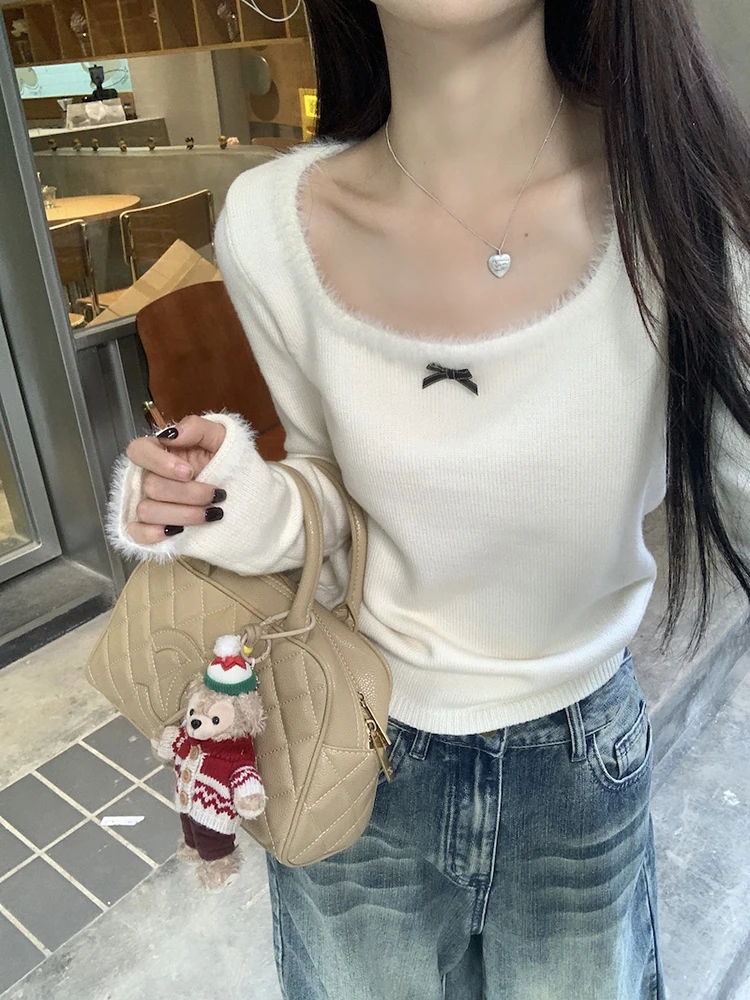 

Women Long Sleeve Pullover Tops Square Collar Slim Knit Sweater Autumn and Winter New Sweet Gentle Wind Casual Sweater