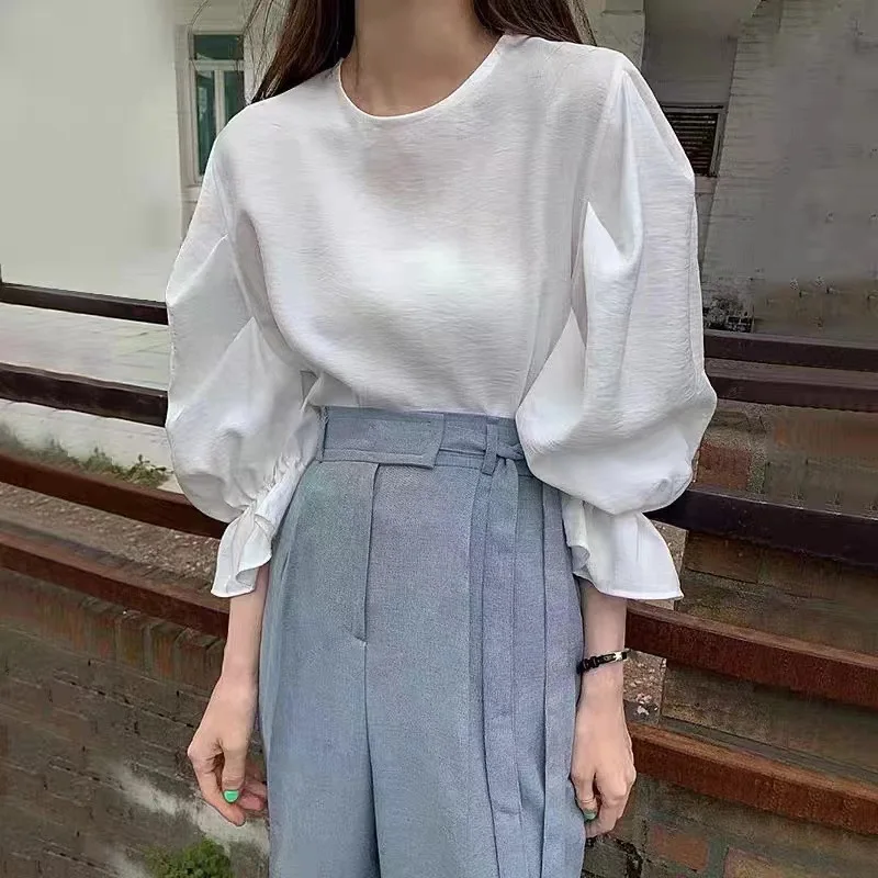 Minimalist Commute Spring Summer New Shirts Women\'s Solid Ruched Round Neck Lantern Sleeve Loose Versatile Pullover Blouses Tops