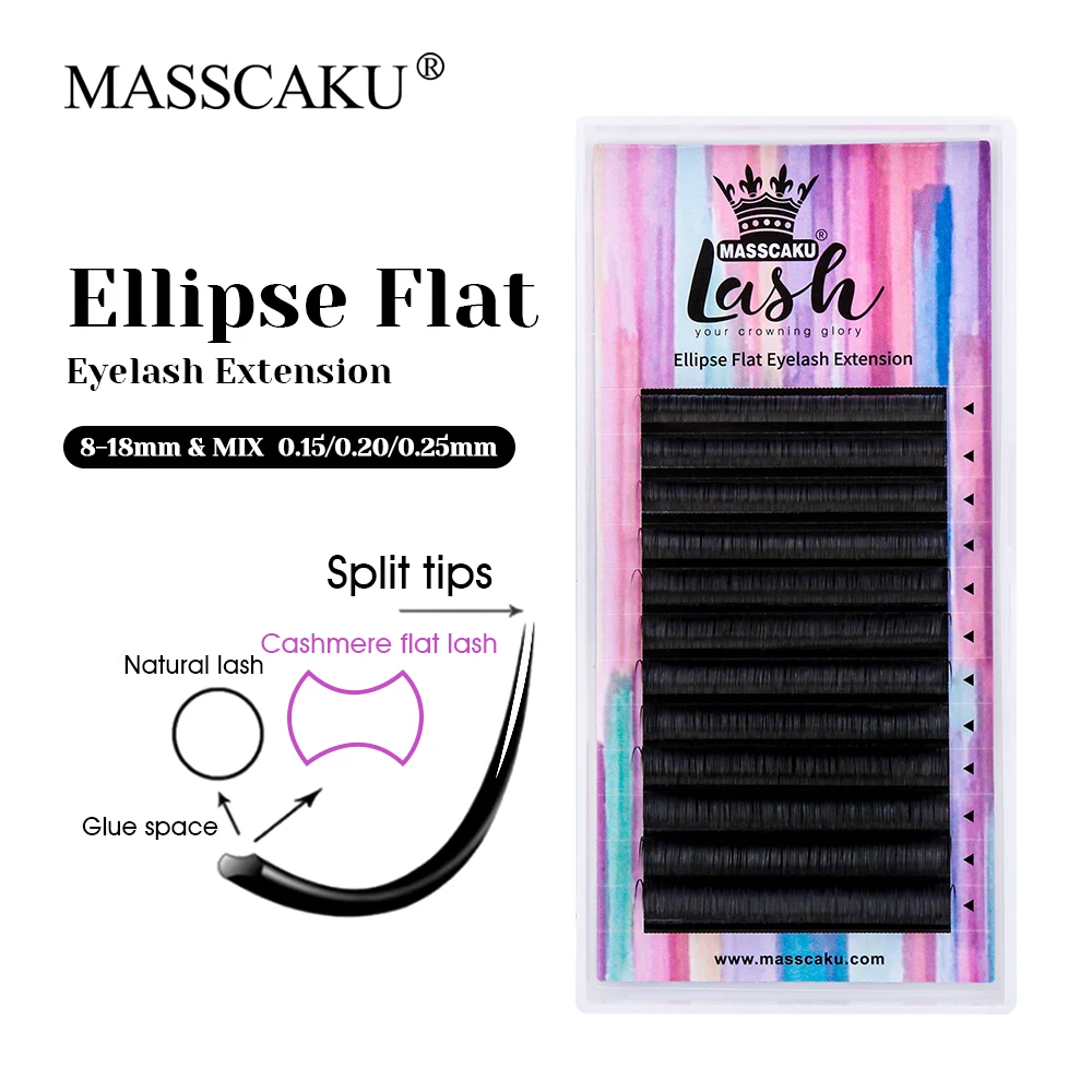 

MASSCAKU New Design C/D Curl Synthetic Mink Ellipse Flat Eyelash Waterproof Fast Grafting Double Split Tips Makeup Lash in Stock