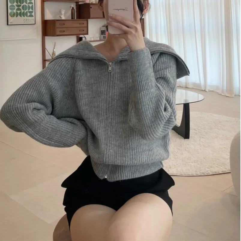 

Шикарный винтажный женский трикотаж Jaet, свободный крой на молнии, длинный све, темно-синий дизайн с воротником, универсальная верхняя одежда, повседневная одежда для поездок на работу