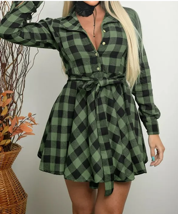 

Casual Women's Dress 2024 Long Sleeve Vintage Green Plaid Print Buttoned Turn-Down Collar Tied Detail High Waist Shirt Dress