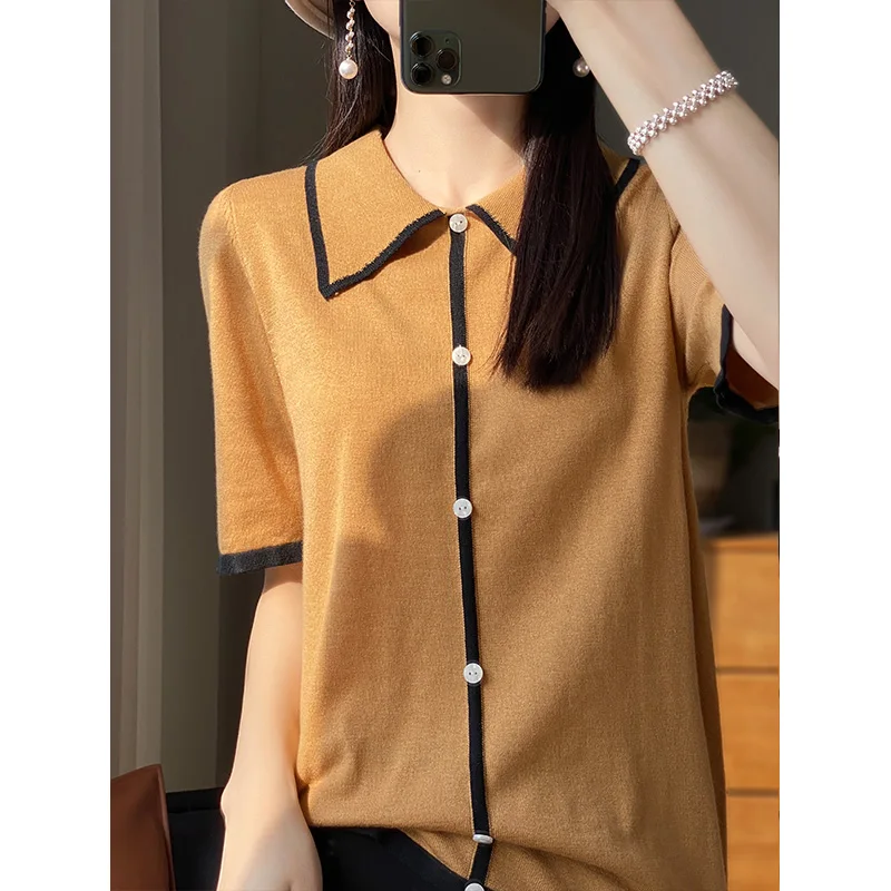 Mid Seam Wool Short Sleeved T-Shirt for Women, Lapel Color Blocking Top, Thin Color Contrasting Bottom, New Style