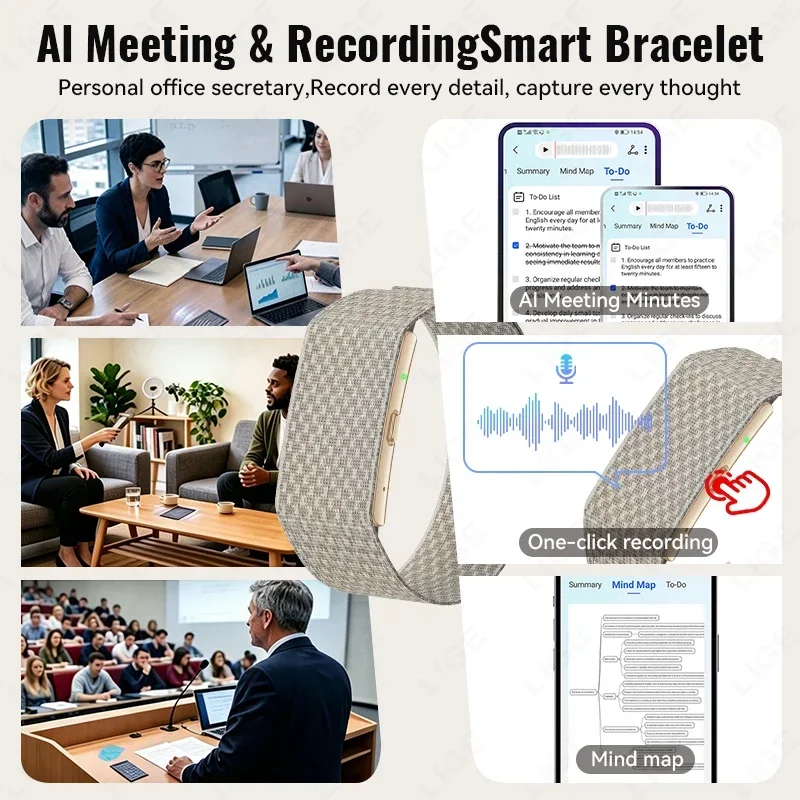 LIGE AI Voice Recording Bracelet 1GB Storage One-Click Record Transcription Meeting Minutes Sports Call Reminder Smart Wristband